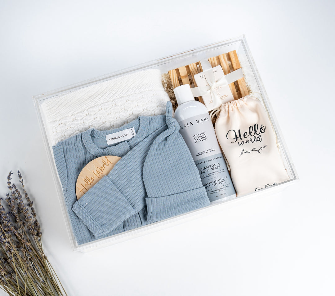 Premium blue gift basket bundle
baby baskets Toronto