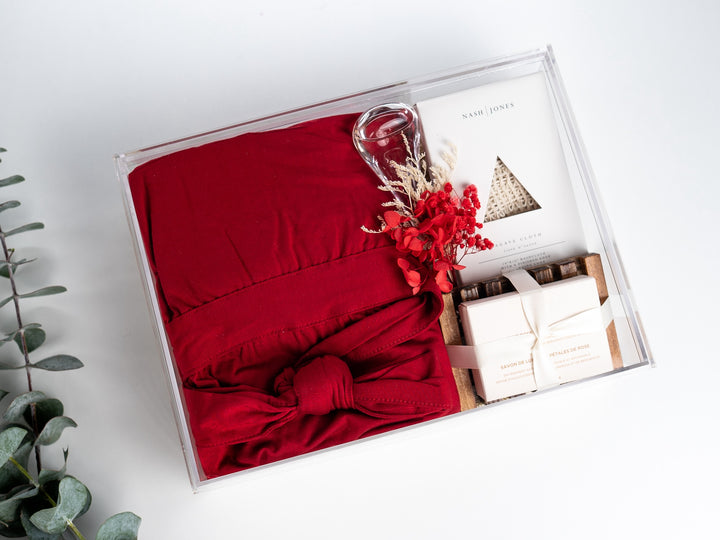 Luxury red bamboo robe gift set for mom and baby