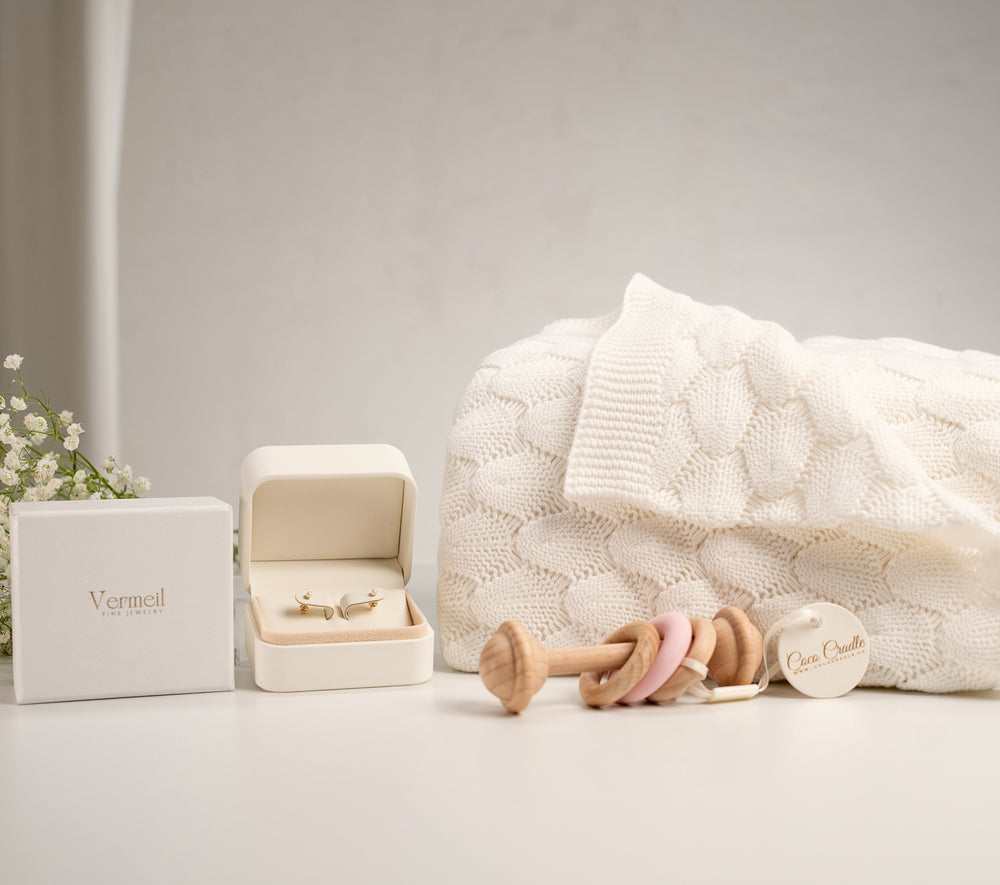 luxury baby gift basket – Luxury Keepsake Baby Gift Basket – 14K Gold Pearl Earrings product photo from Oh Baby Baskets