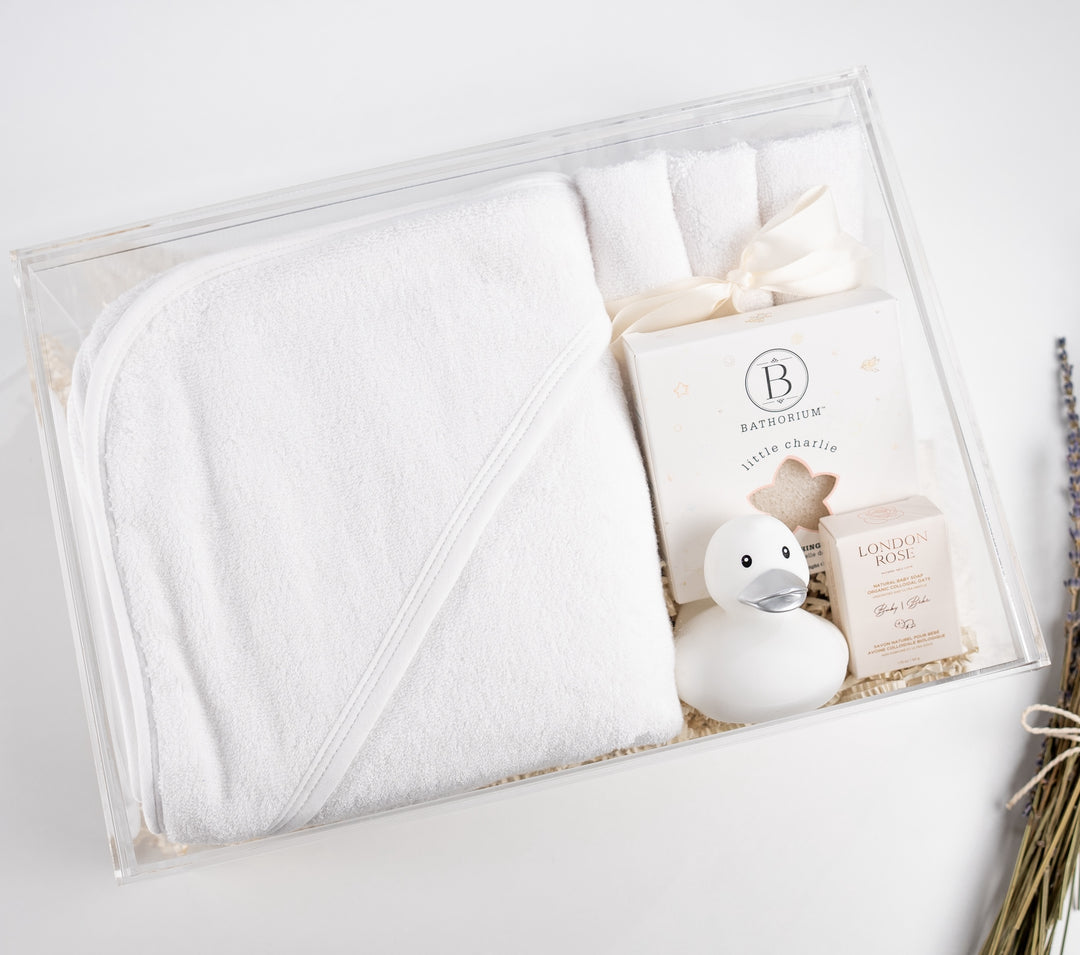 Baby gift basket with hooded towel set