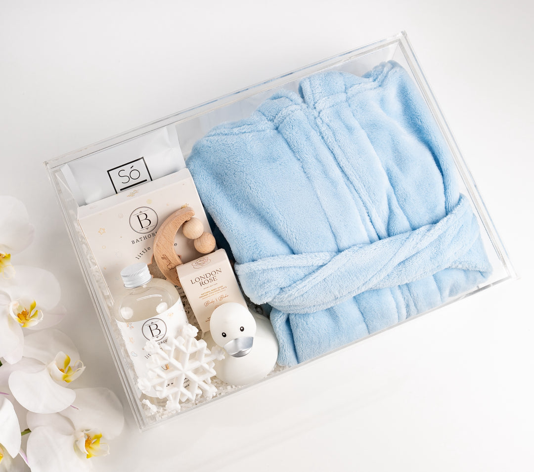 Baby boy bathrobe bundle gift basket