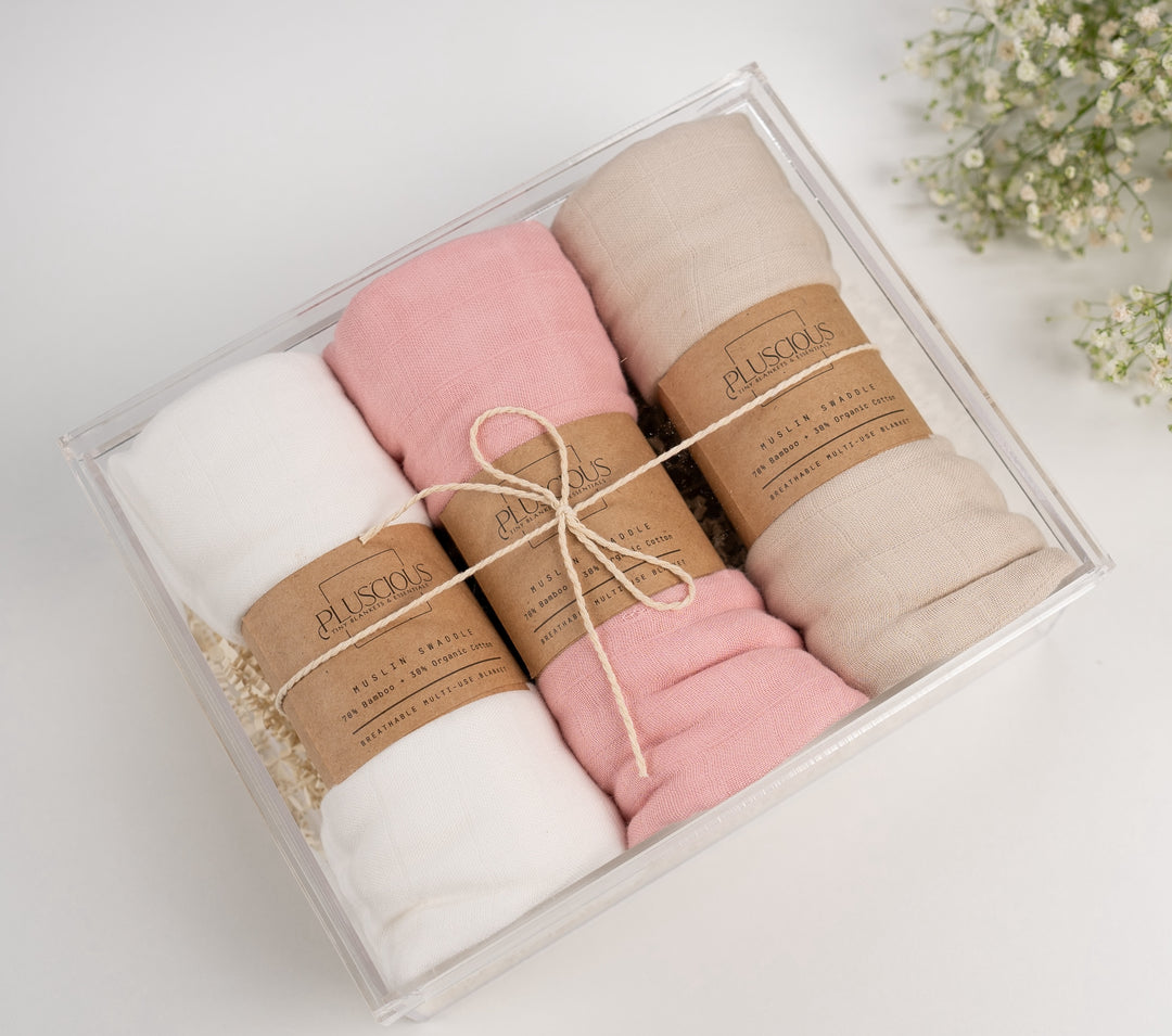 Organic swaddle set gift basket in pink