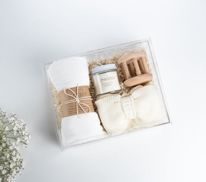 Cream top knot bow gift basket