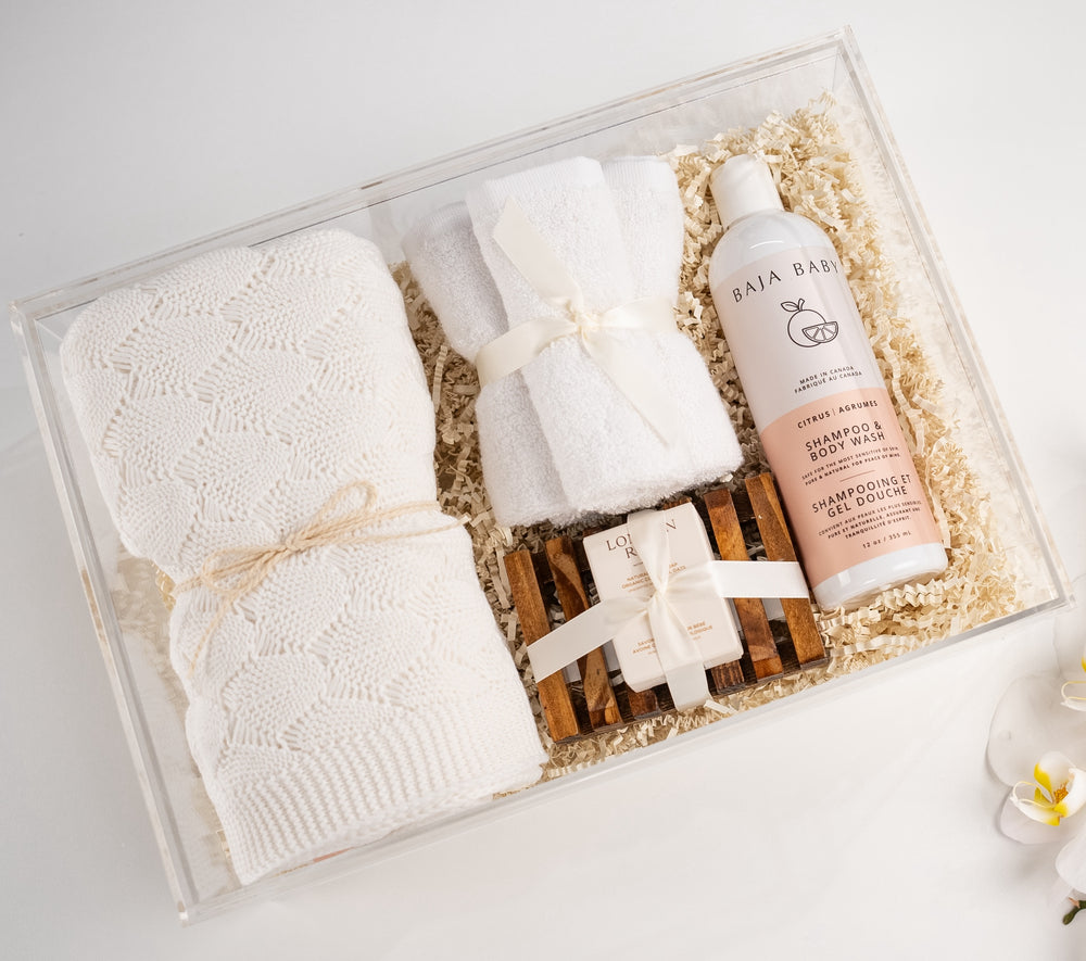 Luxury Baja Baby gift basket with gentle bath and body essentials in premium gift packaging, ready to present.