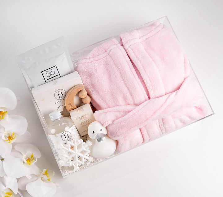 Pink bathrobe bundle gift basket for baby