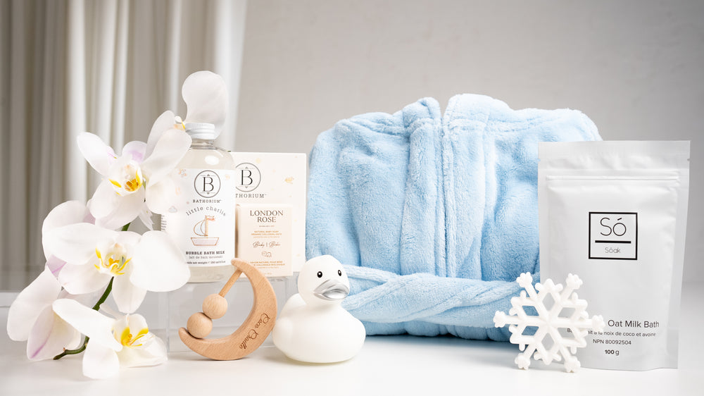 Cute bathrobe gift basket for baby boy