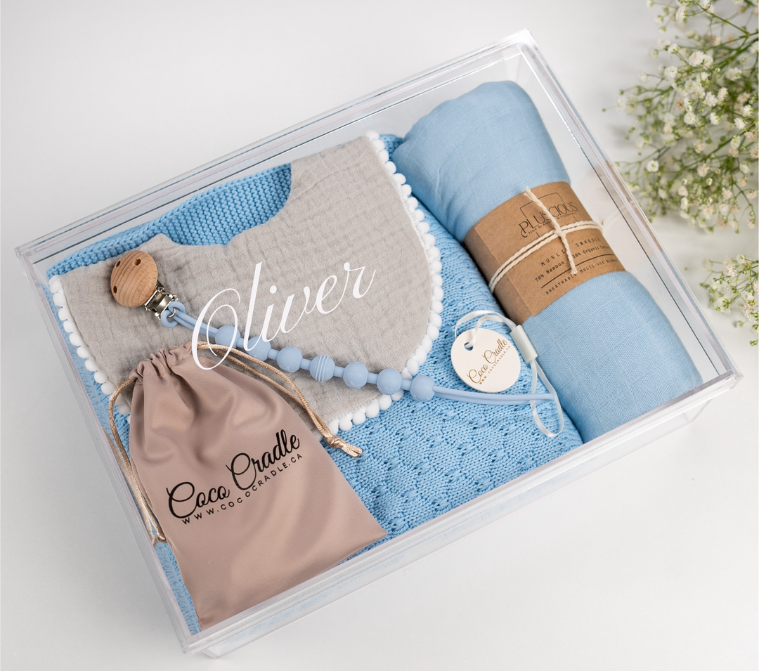 Blue custom bib bundle gift basket for baby